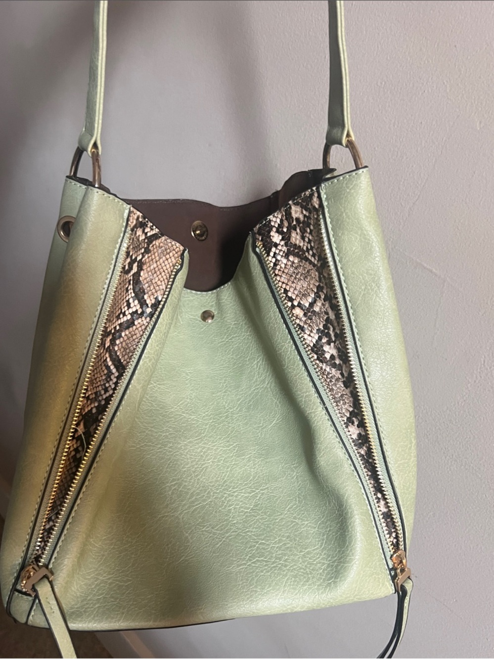 Women’s Mint Green Faux Leather Hobo Bag with Snake-Print Trim